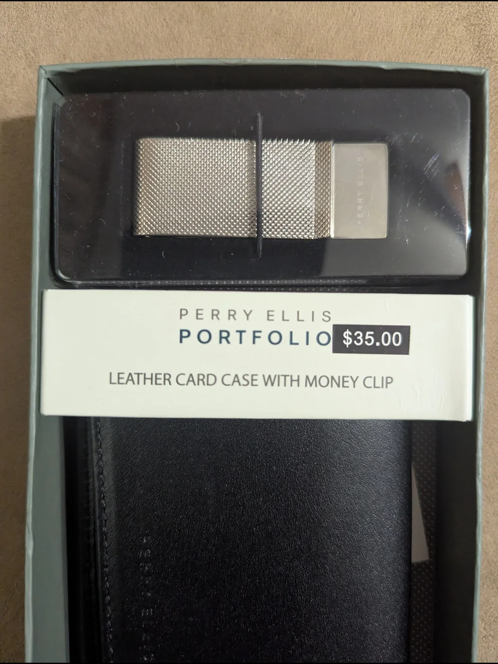 Perry Ellis Portfolio Black Leather Card Case with Money Clip